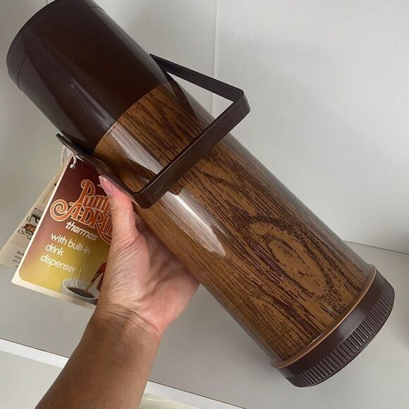 Aladdin’s Pump-a-Drink Thermos 70s Wood Grain - Picture 1 of 12